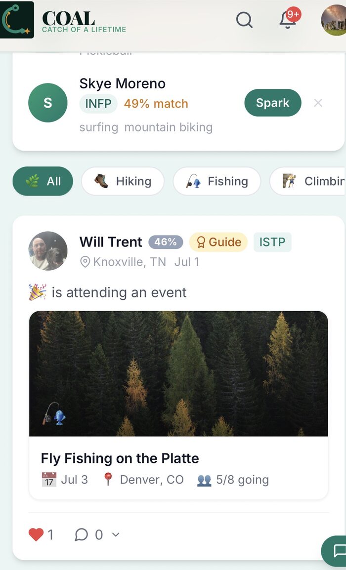 Activity feed with sparks and events from your tribe